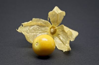 Close-up of apple on yellow against black background