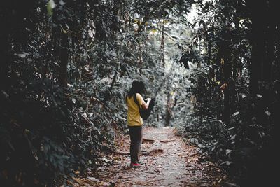 Rear view of man standing amidst trees in forest