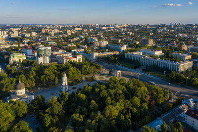 High angle view of buildings in city