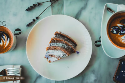 High angle view of breakfast served on table