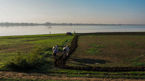 People riding on field by sea against sky