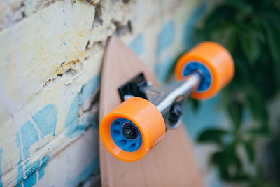 Close-up of toys against wall