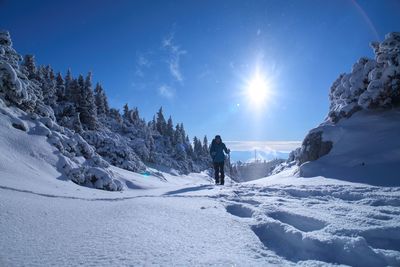 Rear view of person walking on snow covered mountain against sky