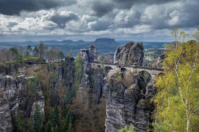 Bridge amidst rock formations against cloudy sky