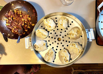 High angle view of meal served on table