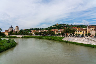 Buildings by river against sky