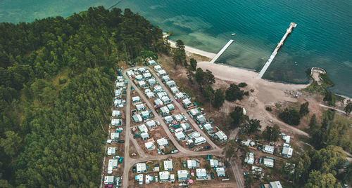High angle view of trees by water