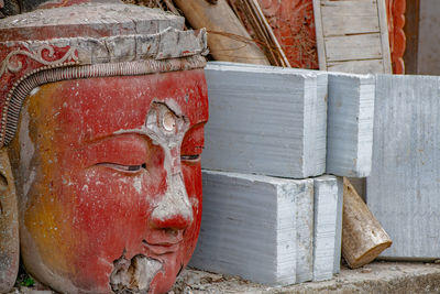 Close-up of buddha statue against temple