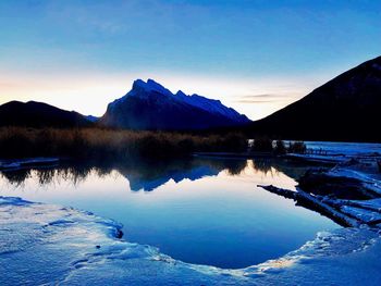 Scenic view of lake and mountains against sky during sunset