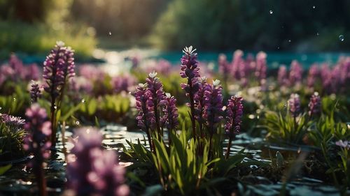 Close-up of purple flowering plants on field