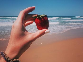 Woman holding strawberry at beach against sky