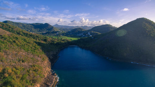 High angle view of lake against mountains