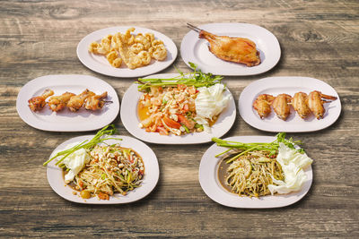 High angle view of food served on table