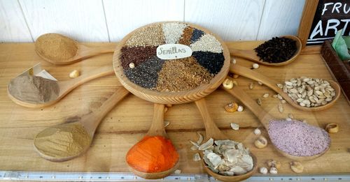 High angle view of seeds on window display at store