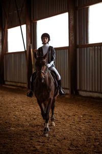 Portrait of woman riding horse in stable