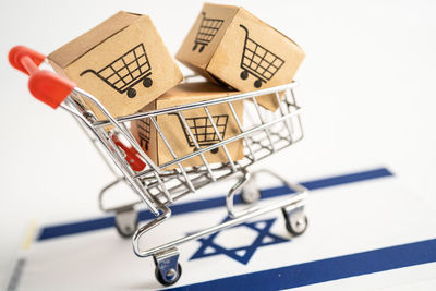 Close-up of shopping cart on white background