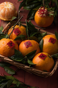 High angle view of fruits in basket