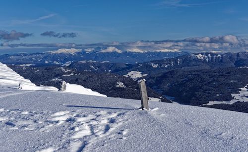 Snow covered landscape against sky