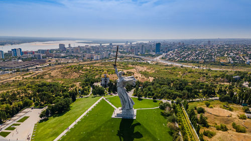 High angle view of cityscape against sky