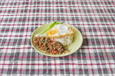 High angle view of breakfast served on table