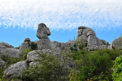 Low angle view of rock formations against sky