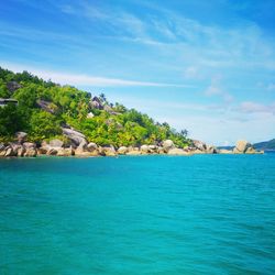 Scenic view of sea against blue sky