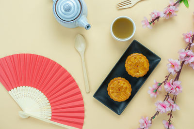 High angle view of breakfast on table