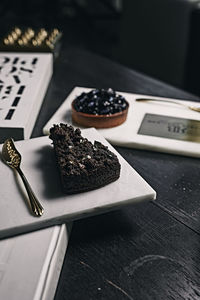 High angle view of chocolate cake on table