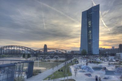 City skyline at sunset