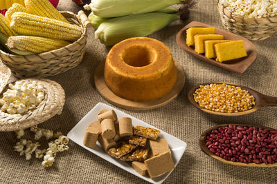 High angle view of breakfast on table