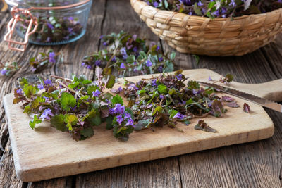 Close-up of potted plants in basket on table