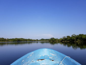 Scenic view of lake against clear blue sky