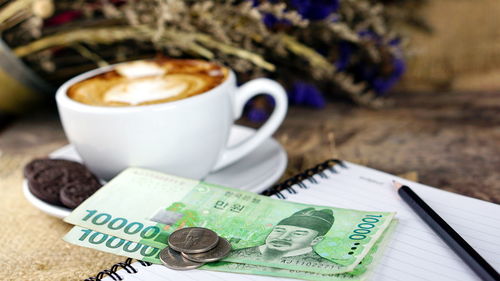 Close-up of cappuccino with currency on table