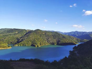 Scenic view of lake and mountains against sky