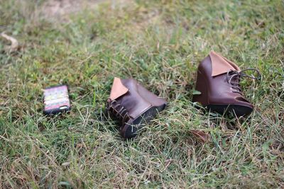 Close-up of shoes on grassy field