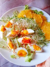 High angle view of breakfast served on table