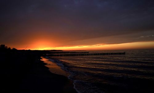 Scenic view of beach against sky during sunset