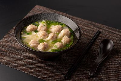 High angle view of rice in bowl on table