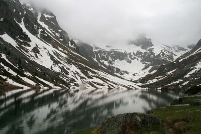 Scenic view of snow covered mountains