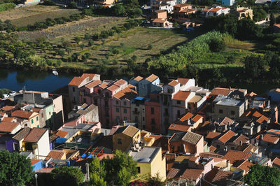 High angle view of townscape against buildings in town