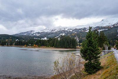 Scenic view of lake by snowcapped mountains against sky