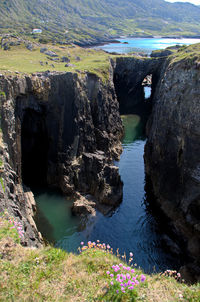 High angle view of river amidst rocks