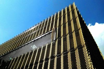 Low angle view of building against blue sky