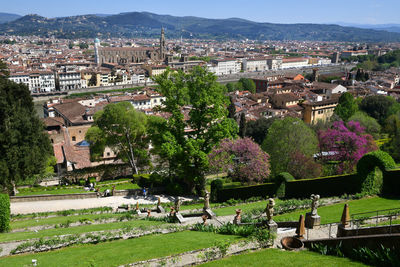 High angle view of townscape and trees in city