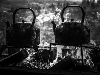 Close-up of tea kettle on an open fire 