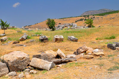 Rocks on field against sky