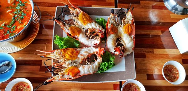 High angle view of fish on table