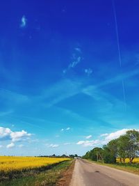 Road amidst trees against blue sky