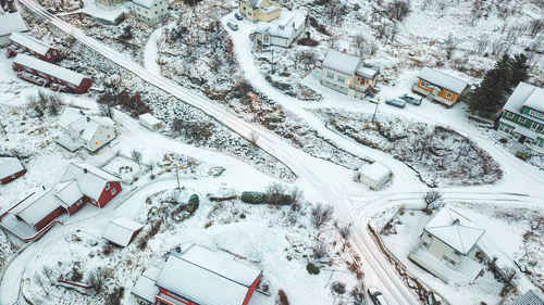 High angle view of snow covered field