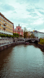 Bridge over river against buildings in city